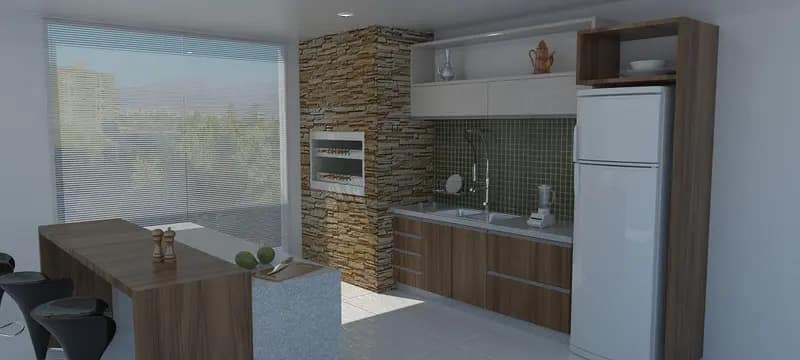 Projeto 3D de cozinha planejada integrada com mesa e churrasqueira