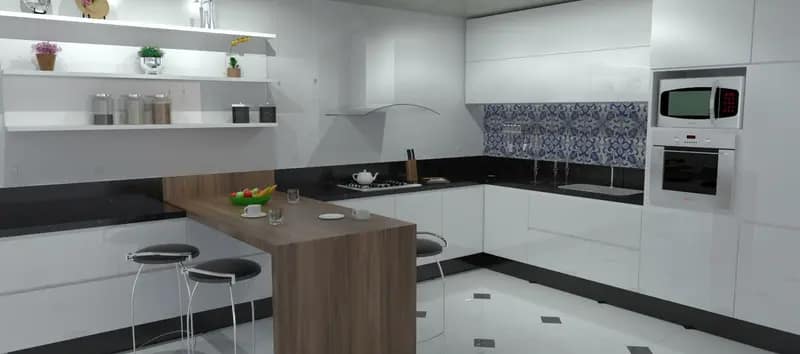 Projeto 3D de cozinha planejada branca com balcão de refeições