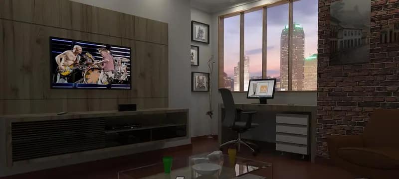 Projeto 3D de home cine com painel de TV e escritório integrado