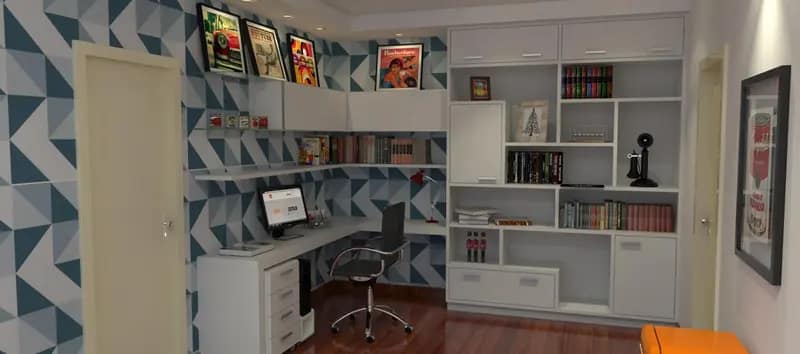 Projeto 3D de home office com estante, bancada e armários
